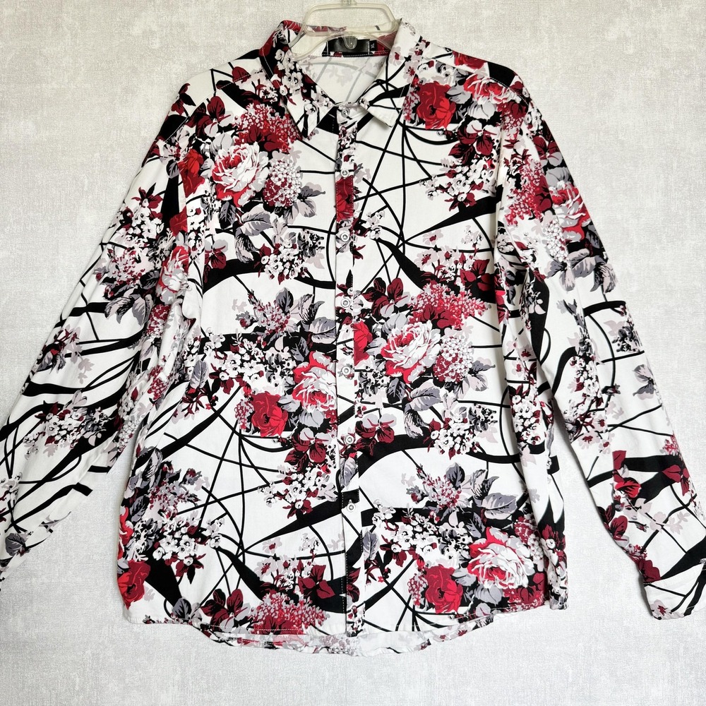 Floral Button Front‎ Shirt Mens XL White Red Black Long Sleeve Stretch Blouse